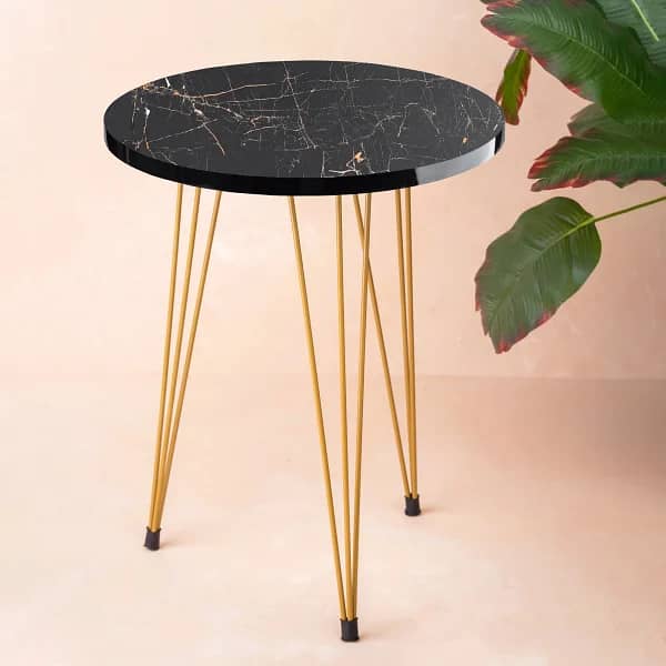 (1 Piece) Black Marble Look With Gold Metal Legs Round Home Essential 3