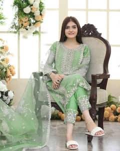 3 Pcs Women's Stitched Organza Embroidered Suit