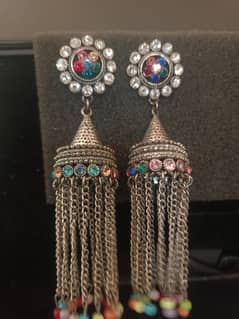 "Colorful Boho Dangle Earrings with Multicolor Stone and Chain Tassel