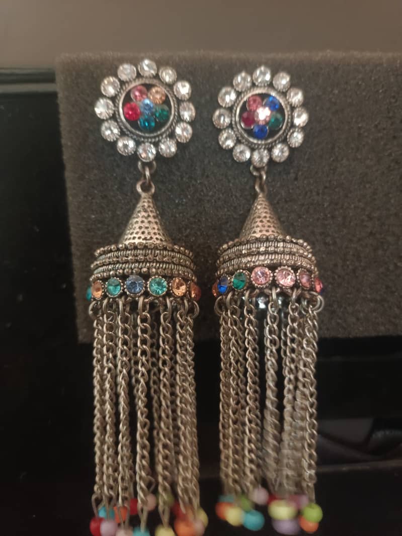 "Colorful Boho Dangle Earrings with Multicolor Stone and Chain Tassel 0