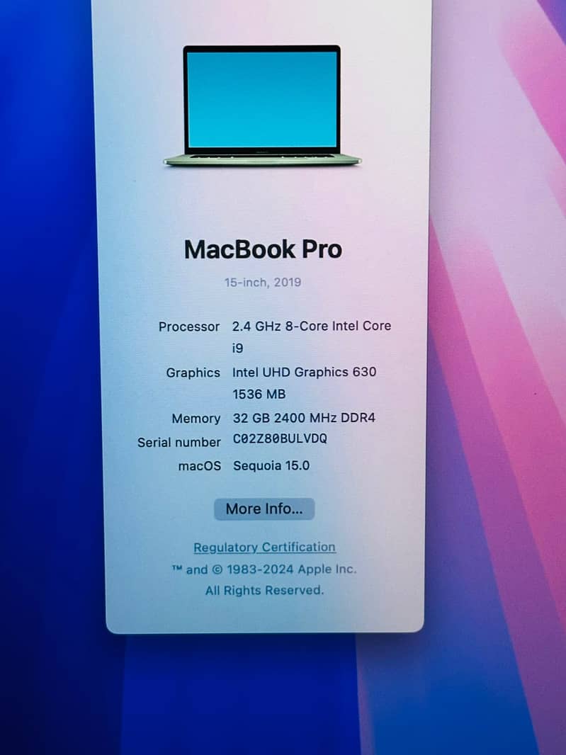 MacBook pro 2019, cor i9, 32 GB Ram, 512 GB SSD, 4 GB graphics card. 4