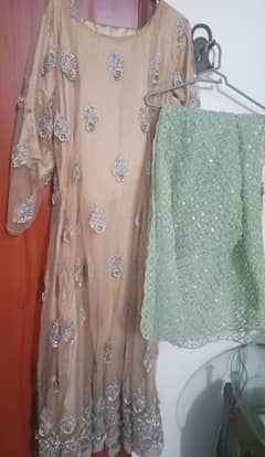 beige color net maxi with contrast dupata