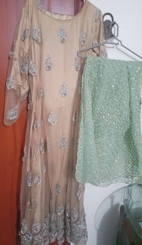 beige color net maxi with contrast dupata 0