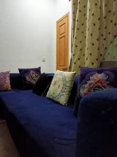 7 seater L-shaped Blue Velvet sofa