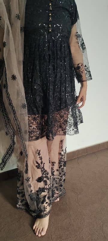 Black net embroidery frock with sharara and net dupata 2