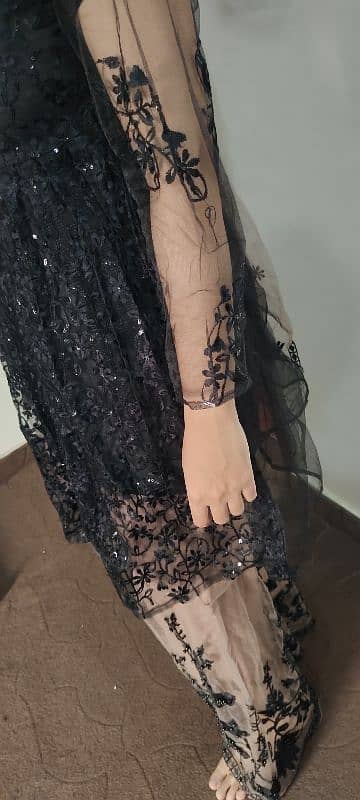 Black net embroidery frock with sharara and net dupata 4