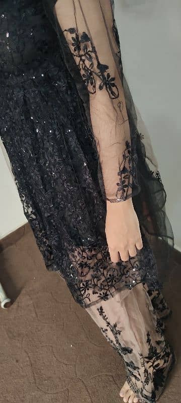 Black net embroidery frock with sharara and net dupata 5