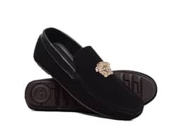 Black Suede Loafers with Gold Lion Emblem