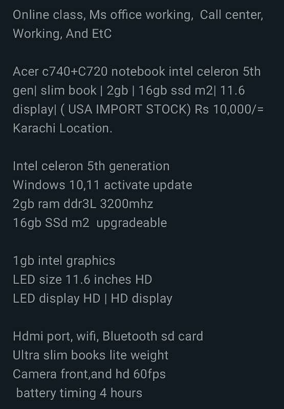 Acer c740 notebook intel celeron 5th gen slim book 3