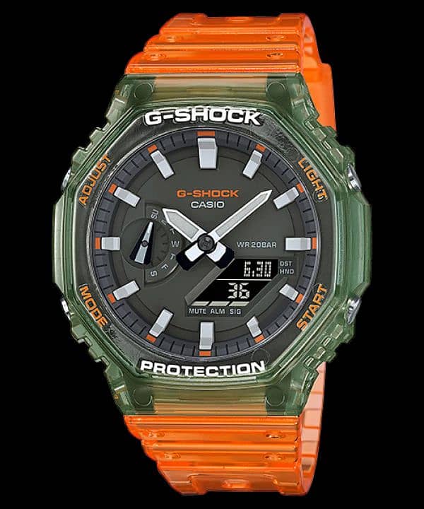 Casio G Shock Ga-2100 transparent Green Dial Orange Strap 0