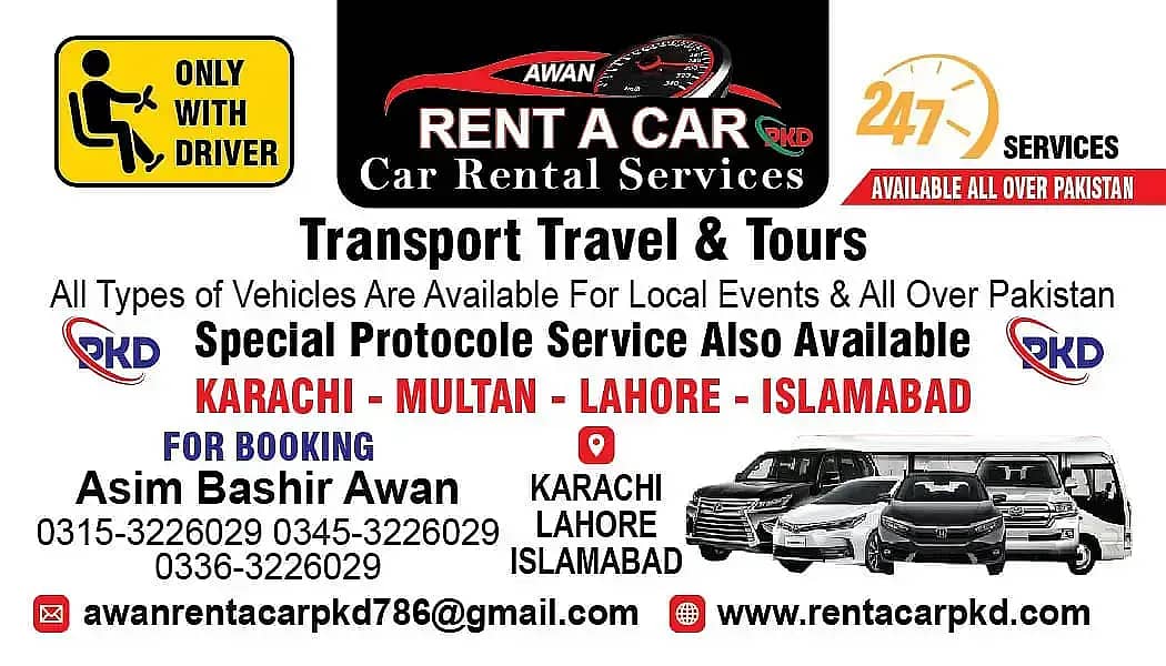 rent a car karachi car rental rental services to all Pakistan24/7 4