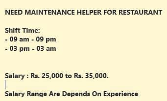 REQUIRED MAINTENANCE HELPER FOR RESTAURANT 0