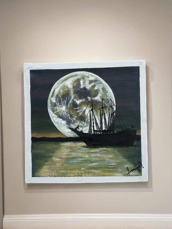 Handmade moon painting with ship 0