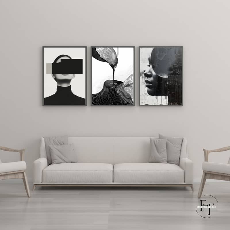 Minimalist Black & White Abstract Portrait Trio - Modern Wall Art Fram 0