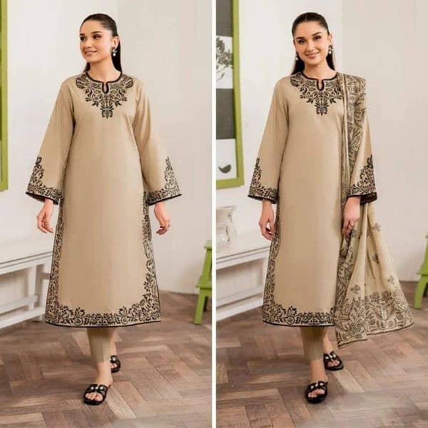 3 pcs women's unstitched dhanak embroidered suit 0