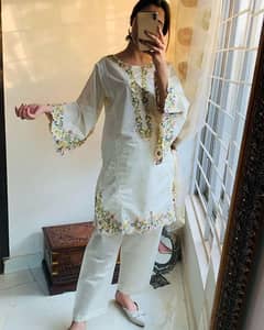 2 Pcs women's stitched khaadi Net embroidered shirt and trousers