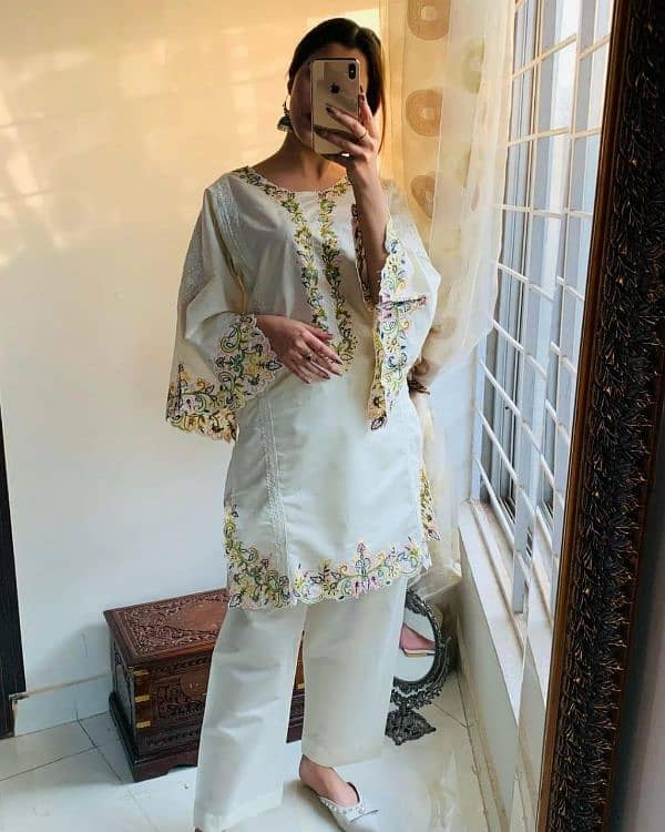 2 Pcs women's stitched khaadi Net embroidered shirt and trousers 2