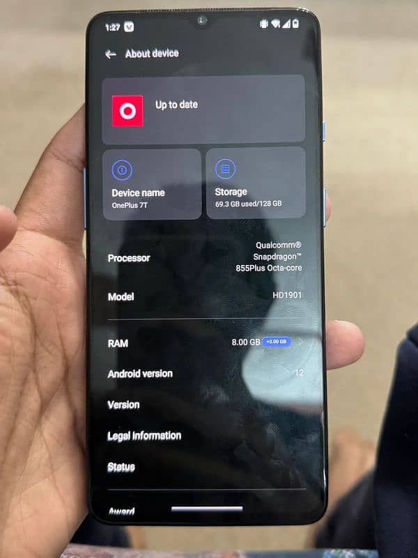 OnePlus 7t ram 8+3gb rom 128gb android 12 6