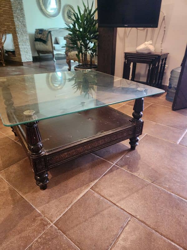 solid wood polished table coffee table glass top 2