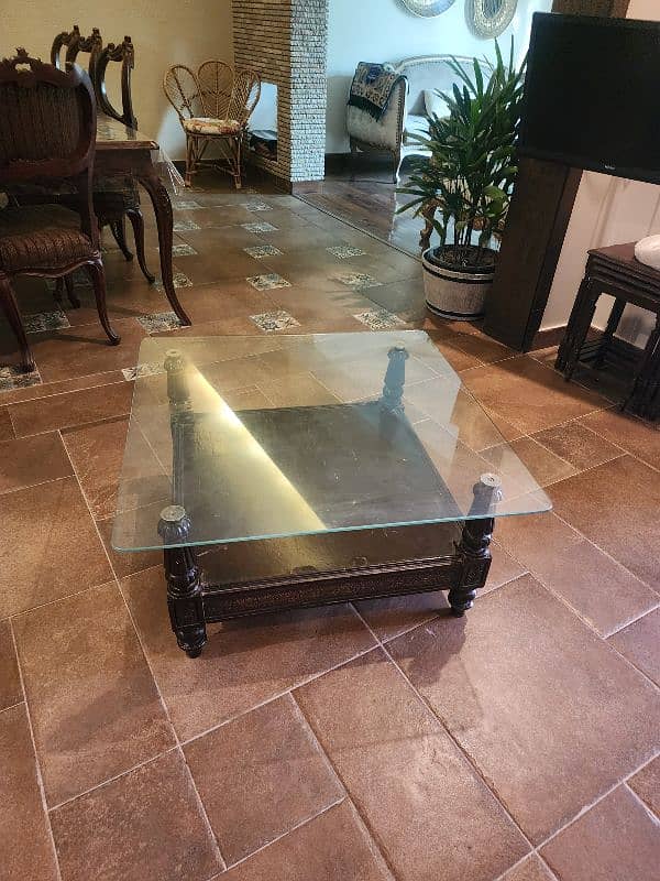 solid wood polished table coffee table glass top 4