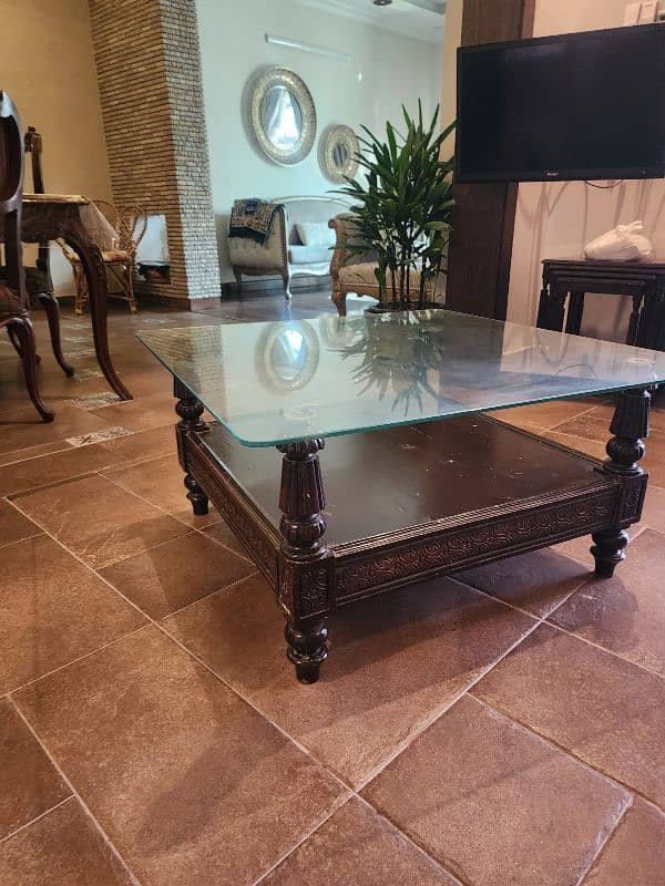 solid wood polished table coffee table glass top 5