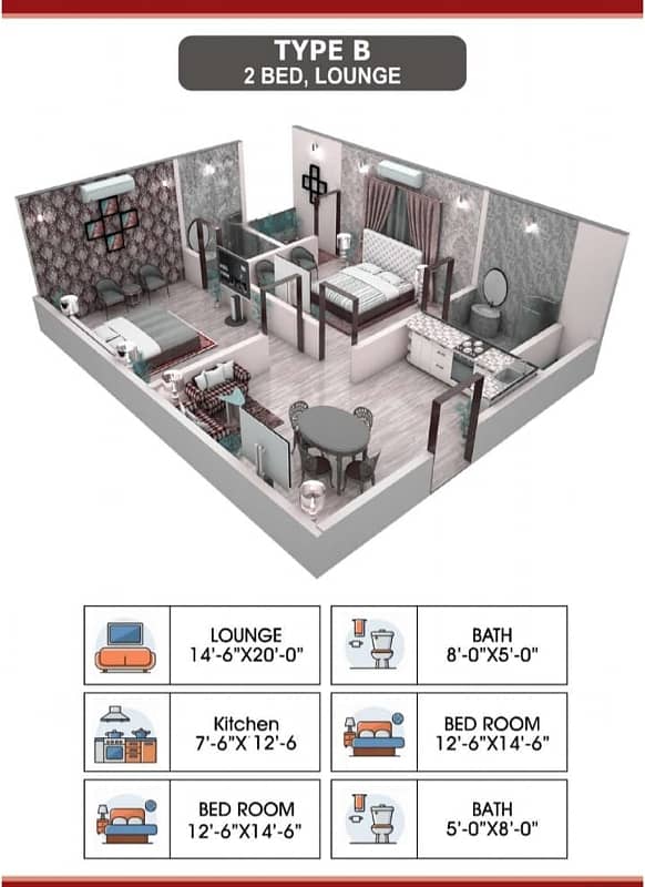 2 Bed Lounge 1050 Sq. F Apartment available in Different Floor On Installments At Prime Location Of Firdous 0