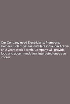 Company need helpers plumbers electricians and solar system installers