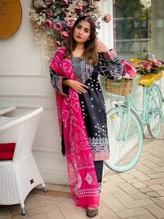 3 pcs women stitched katan silk mirror work suit