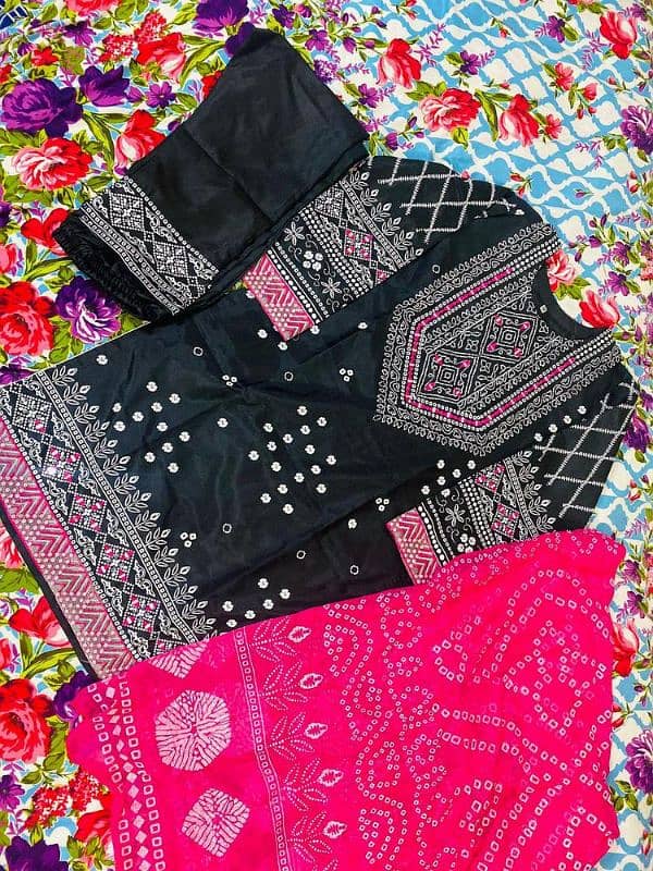 3 pcs women stitched katan silk mirror work suit 2