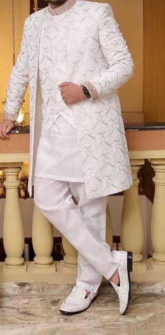 Groom Nikkah And baarat dress. White gown 5pc set. Sherwani 6pc set.