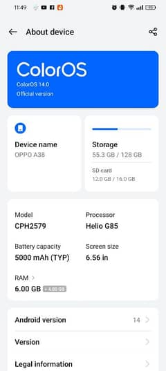 Oppo a38 no fault,no open. condition 10/9.5. for urgent sale