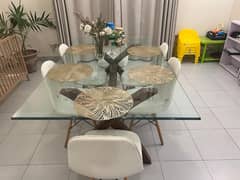 Wooden Base Dinning Table With Glass Top