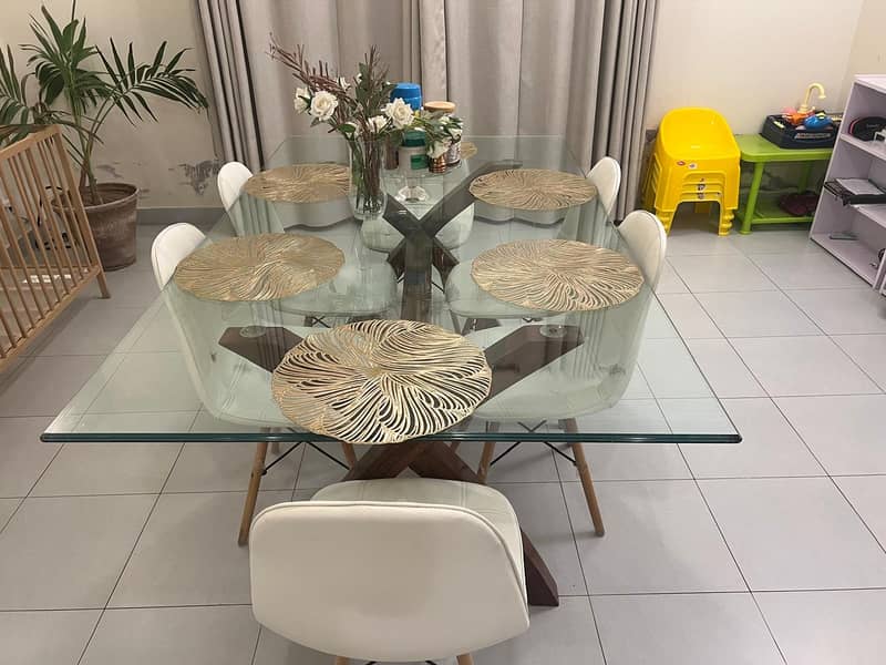 Wooden Base Dinning Table With Glass Top 0