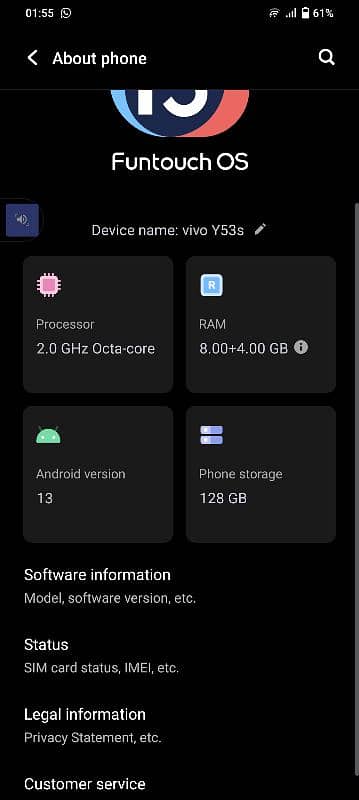 vivo y53s     8 plus 4 ram 128 gb memory 6