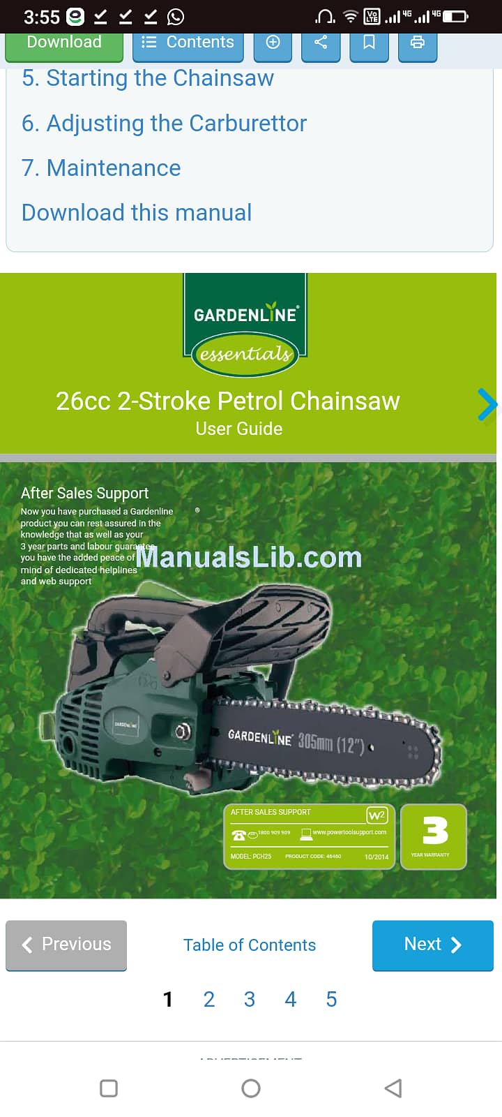 Chainsaw 26cc 2 Stroke Model # PCH25 Petrol Gardenline Brand 0