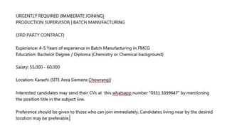 PRODUCTION SUPERVISOR | BATCH MANUFACTURING