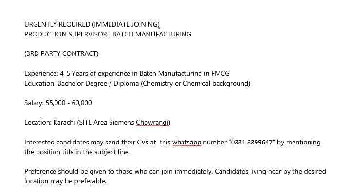 PRODUCTION SUPERVISOR | BATCH MANUFACTURING 0