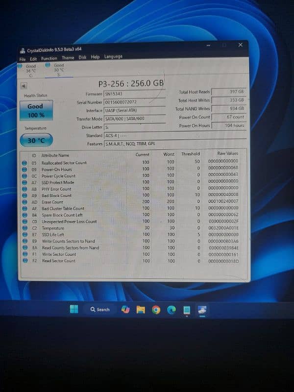 256GB SSD SATA like new condition 100% health 1