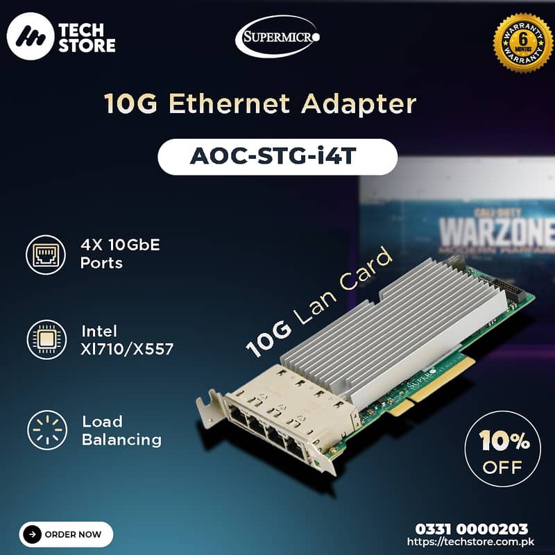 10G Lan Card | Supermicro AOC-STG-i4T 10G Ethernet Adapter PCIe x8 0