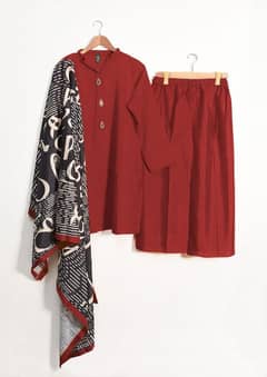 3pc woman stitched suit with calligraphy dupatta 0