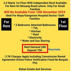 3.5Marla 1st Floor With Roof For Rent At  Mozang Road Lahore. 0