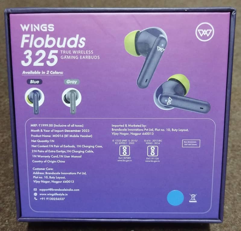 BlueTooth Wireless Earbuds WINGS Flobuds 325 High Fidelity 1Mm Drivers 5