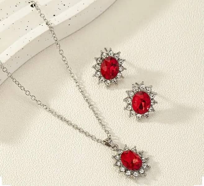 1 Pair Of Earrings + 1 Necklace Elegant Jewelry Inlaid Red Gemstone 0