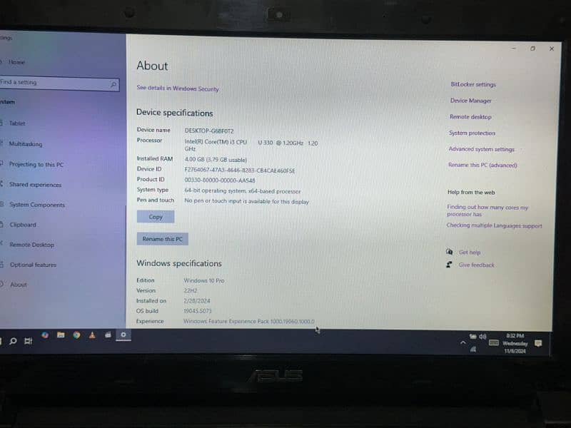 Asus Core i3 4gb 250gb read add first 5