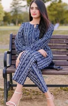 2 PCs women's stitched linen printed shirt and touser