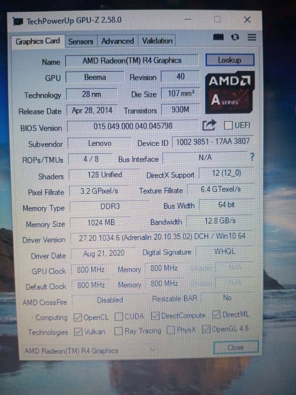 Lenovo Amd A6, Radeon R4 1Gb Graphic Card 1