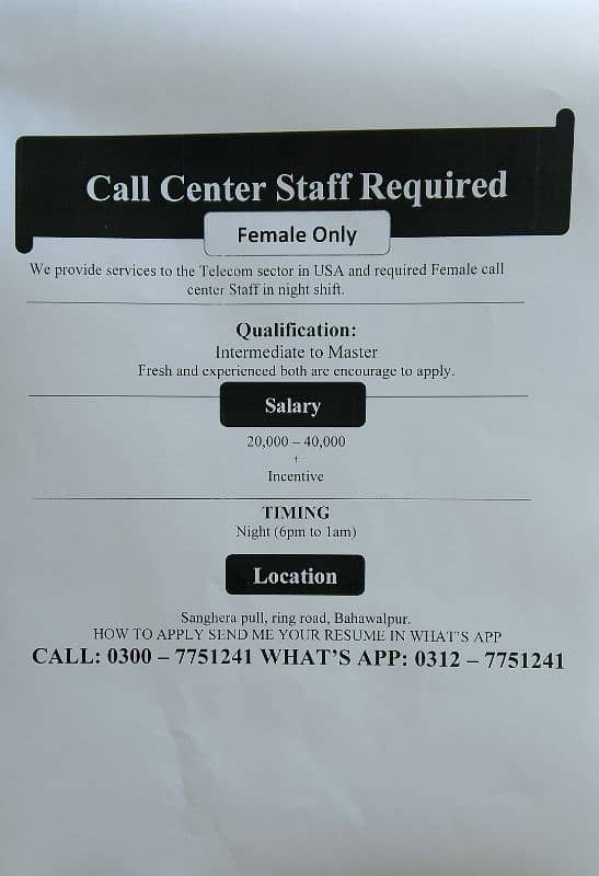 female staff required 0