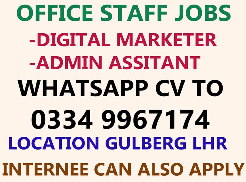 OFFICE ASSITANT AND DIGITAL MARKETING EXPERT REQUIRED IN LAHORE 0