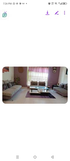 Seven seater sofa purple, five seater sofa brown and queen size bed