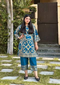 Chic Teal Black Printed Linen Shirt And Trouser Set for women